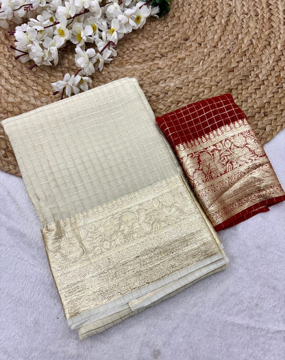 New Arrival | Pure Viscose Georgette Jacquard Saree – Elegant Checks Weave with Contrast Blouse | The Sareen