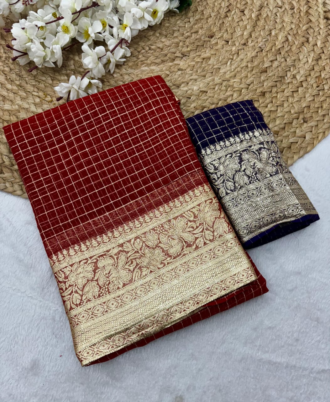 New Arrival | Pure Viscose Georgette Jacquard Saree – Elegant Checks Weave with Contrast Blouse | The Sareen