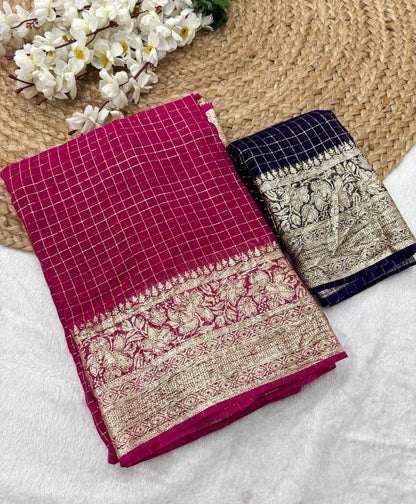 New Arrival | Pure Viscose Georgette Jacquard Saree – Elegant Checks Weave with Contrast Blouse | The Sareen