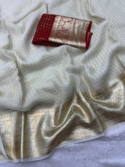 New Arrival | Pure Viscose Georgette Jacquard Saree – Elegant Checks Weave with Contrast Blouse | The Sareen