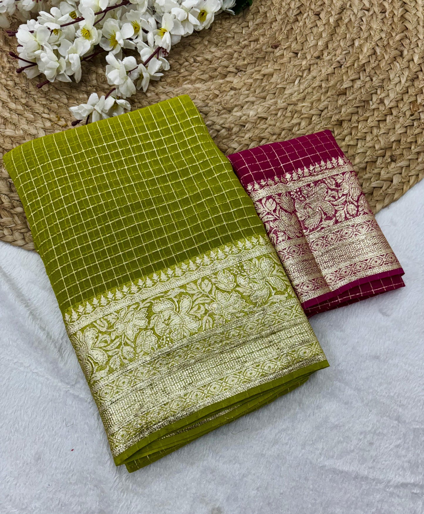 New Arrival | Pure Viscose Georgette Jacquard Saree – Elegant Checks Weave with Contrast Blouse | The Sareen