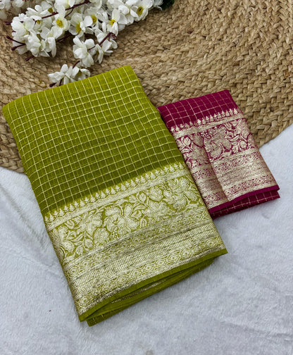 New Arrival | Pure Viscose Georgette Jacquard Saree – Elegant Checks Weave with Contrast Blouse | The Sareen