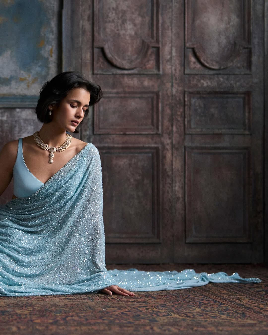 VF Bollywood Blockbuster Sequin Faux Georgette Saree with Cutwork Lace Border – Premium Partywear Saree | C-7013A