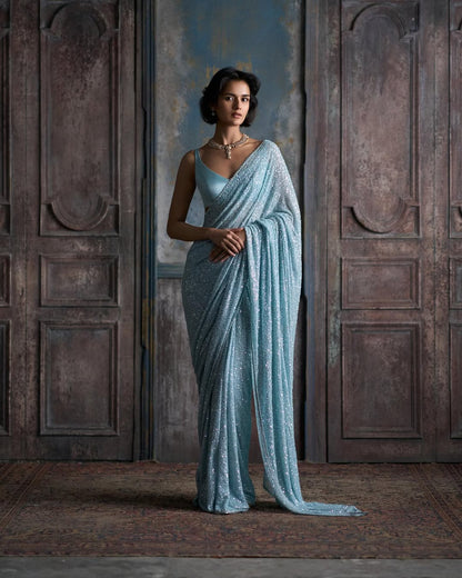 VF Bollywood Blockbuster Sequin Faux Georgette Saree with Cutwork Lace Border – Premium Partywear Saree | C-7013A