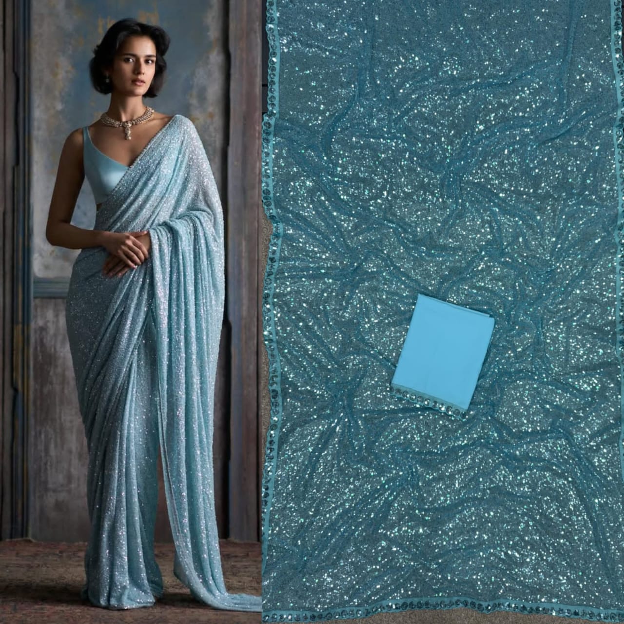 VF Bollywood Blockbuster Sequin Faux Georgette Saree with Cutwork Lace Border – Premium Partywear Saree | C-7013A