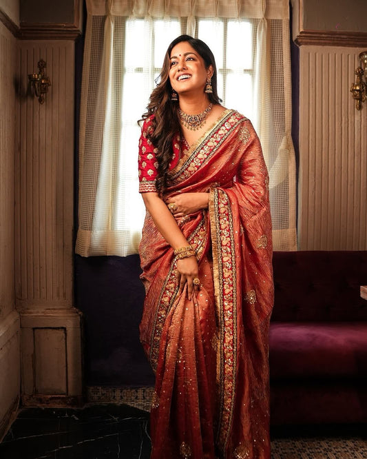 VF Bollywood Designer Banarasi Crush Saree with Sequin & Embroidery Work – Premium Partywear Saree | C-257RF