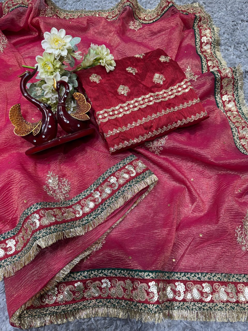 VF Bollywood Designer Banarasi Crush Saree with Sequin & Embroidery Work – Premium Partywear Saree | C-257RF
