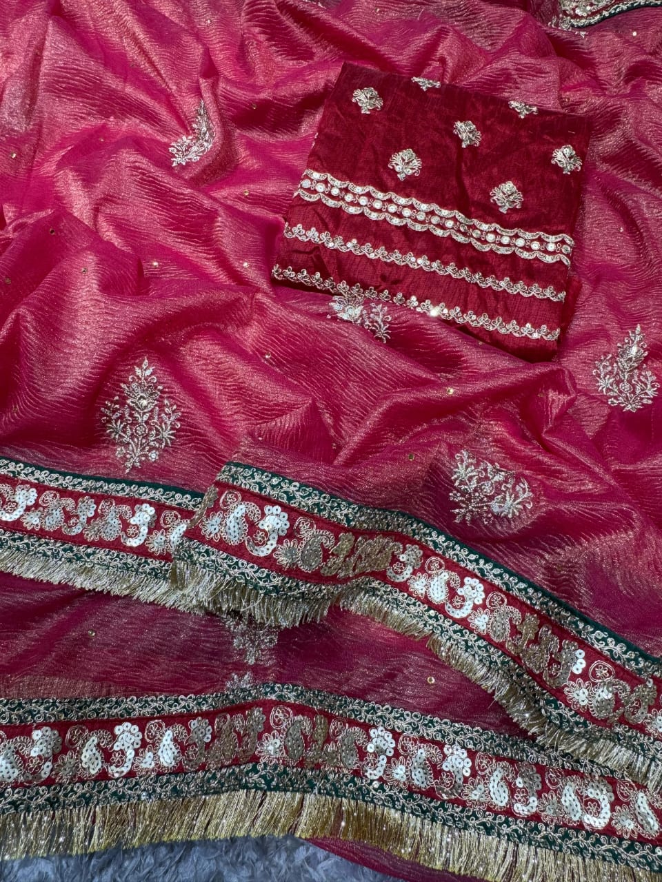 VF Bollywood Designer Banarasi Crush Saree with Sequin & Embroidery Work – Premium Partywear Saree | C-257RF