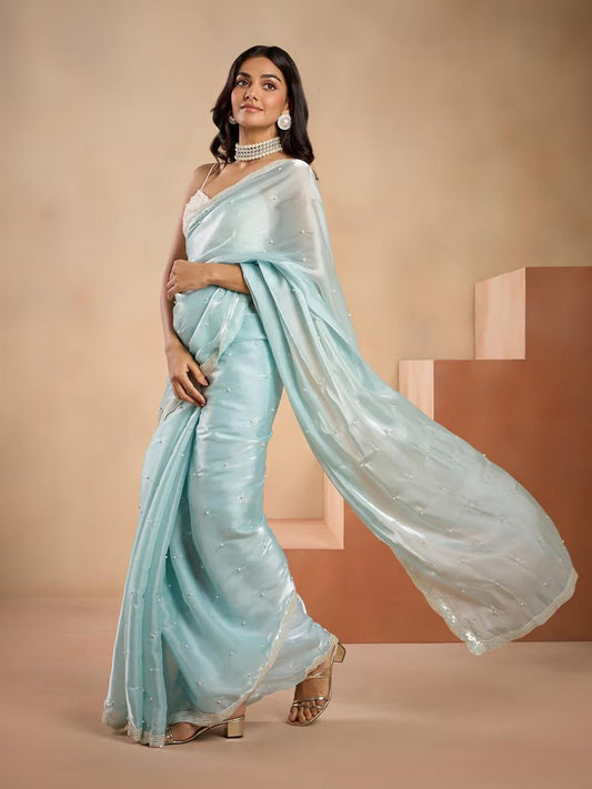 VF Heavy Moss Jimmy Choo Sequin & Pearl Work Saree with Cutwork Border – Festive Luxury Drape | C-569A