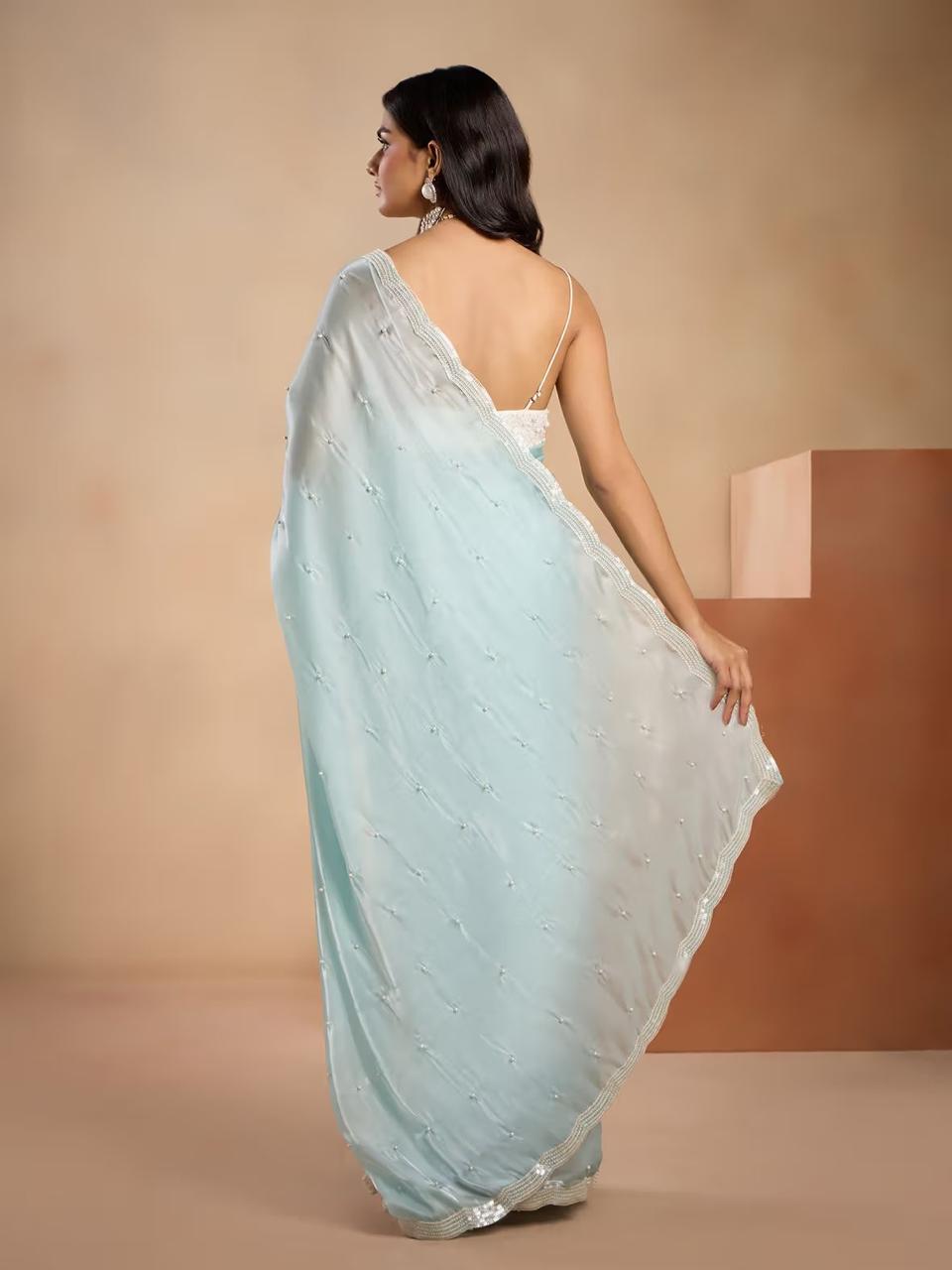 VF Heavy Moss Jimmy Choo Sequin & Pearl Work Saree with Cutwork Border – Festive Luxury Drape | C-569A