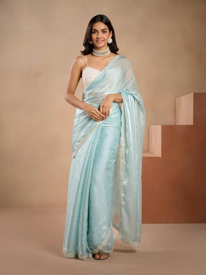 VF Heavy Moss Jimmy Choo Sequin & Pearl Work Saree with Cutwork Border – Festive Luxury Drape | C-569A