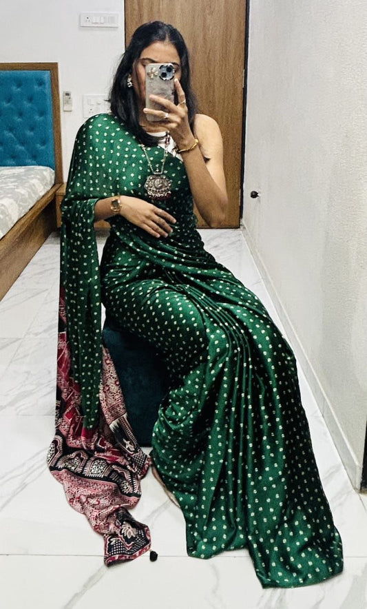 VF Semi Gajji Silk Bandhej Saree with Ajrakh Print – Traditional Soft Drape Elegance | C-1103A