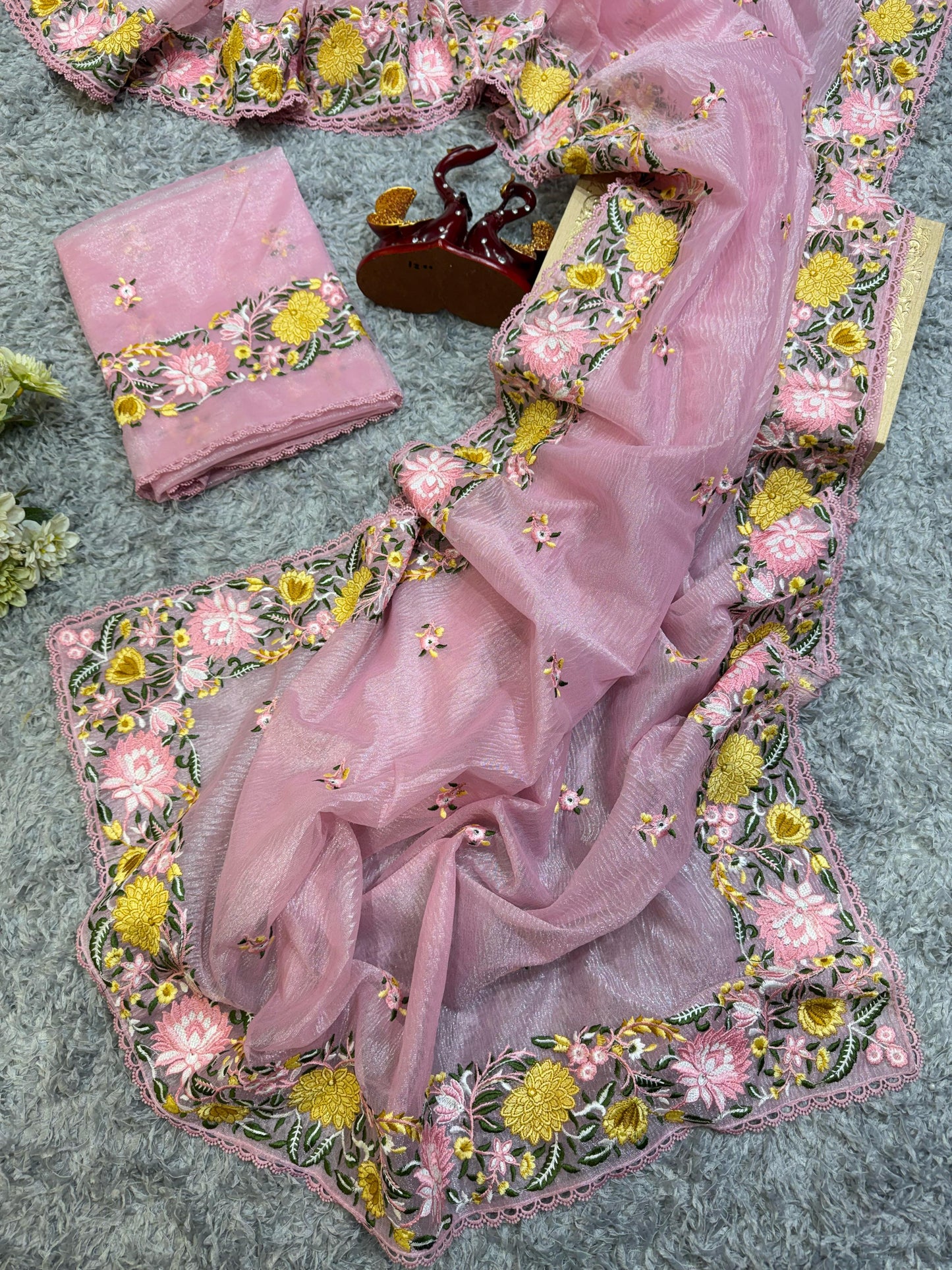 VF Designer Banarasi Crush Saree with Multicolour Thread Embroidery & Fancy Lace Border – Elegant Occasionwear | C-257RF