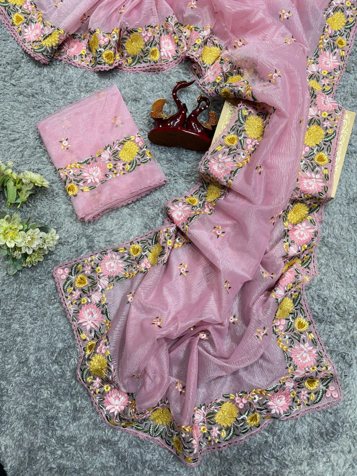 VF Designer Banarasi Crush Saree with Multicolour Thread Embroidery & Fancy Lace Border – Elegant Occasionwear | C-257RF