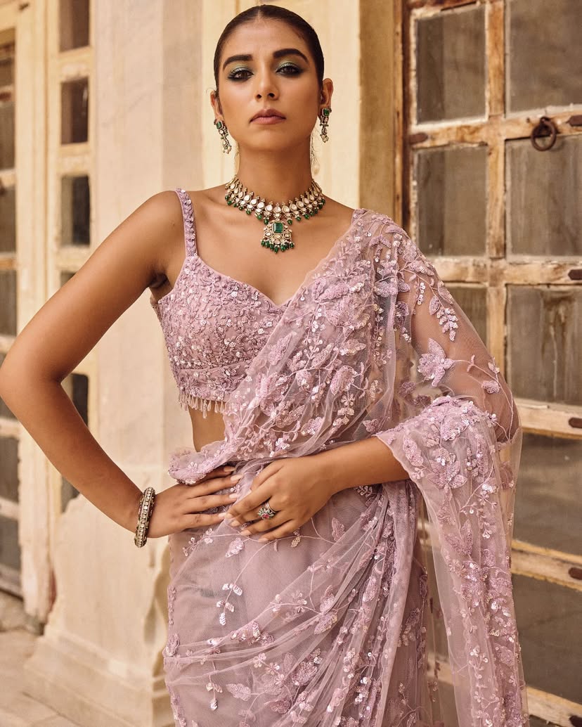 VF Bollywood Blockbuster Heavy Mono Net Saree with Multi-Sequins Embroidery & Glass Fringes – Glam Partywear | C-7013A