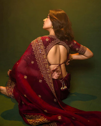 VF Pure Soft Silk Organza Saree with All-Over Sequin & Thread Embroidery + Heavy Border – Elegant Designer Drape | C-1153RF