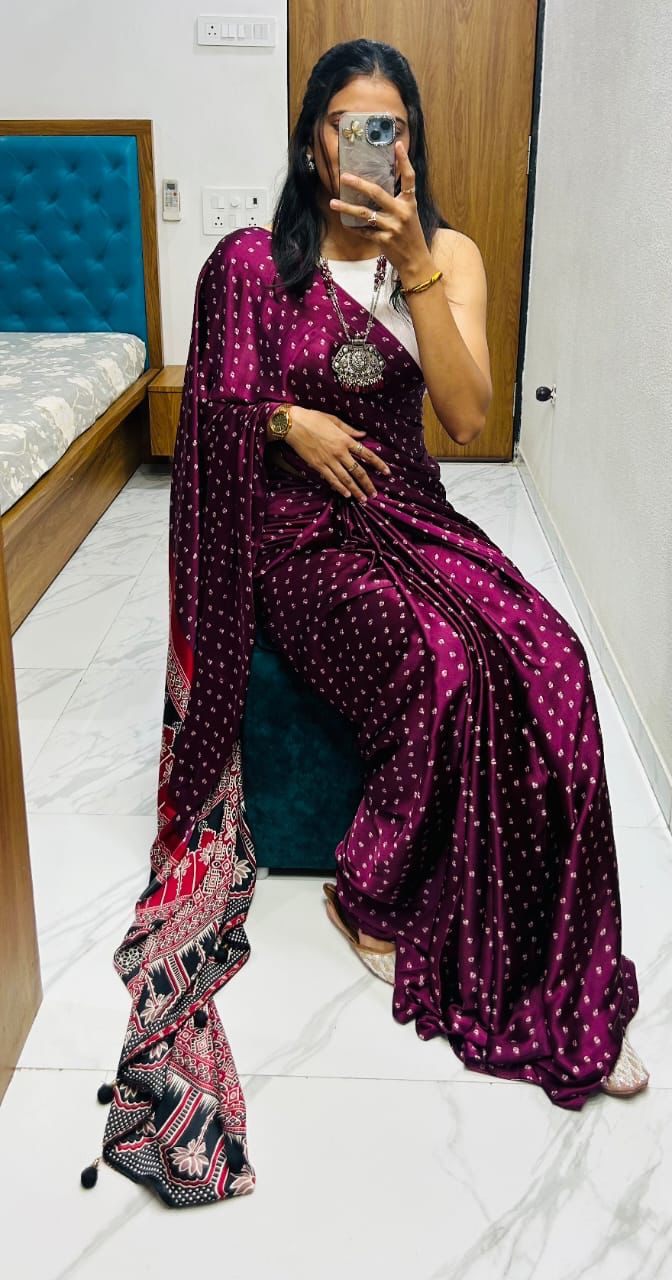 VF Semi Gajji Silk Bandhej Saree with Ajrakh Print – Traditional Soft Drape Elegance | C-1103A