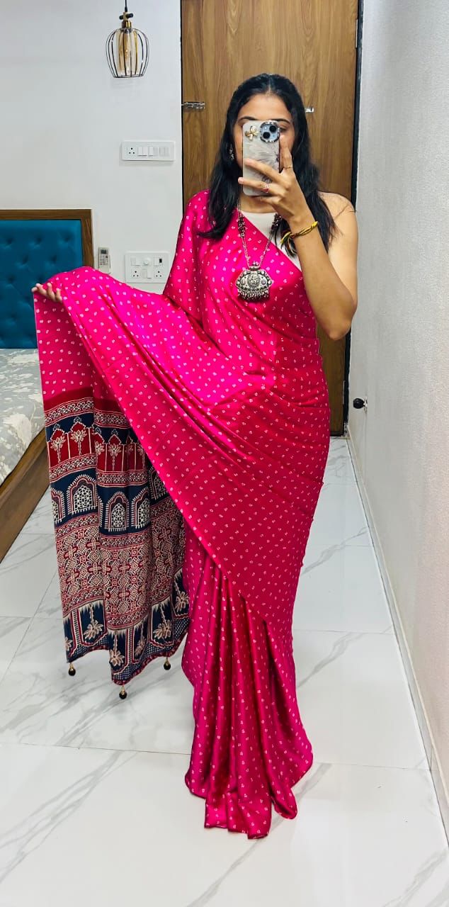 VF Semi Gajji Silk Bandhej Saree with Ajrakh Print – Traditional Soft Drape Elegance | C-1103A