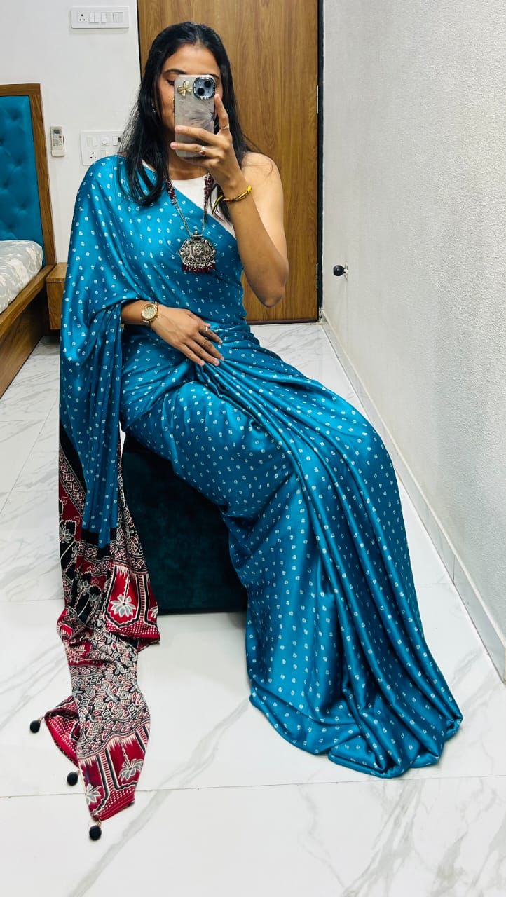 VF Semi Gajji Silk Bandhej Saree with Ajrakh Print – Traditional Soft Drape Elegance | C-1103A