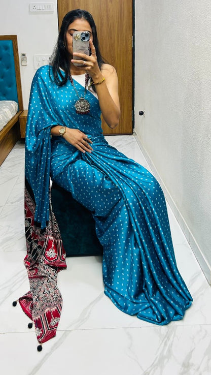 VF Semi Gajji Silk Bandhej Saree with Ajrakh Print – Traditional Soft Drape Elegance | C-1103A