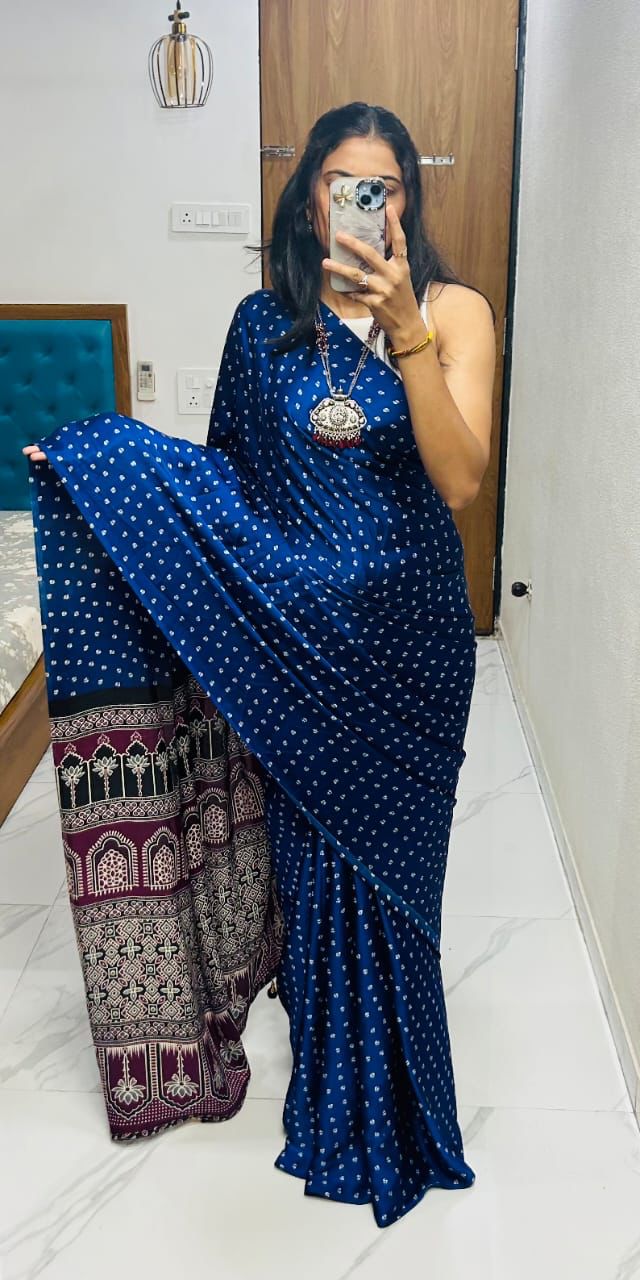 VF Semi Gajji Silk Bandhej Saree with Ajrakh Print – Traditional Soft Drape Elegance | C-1103A