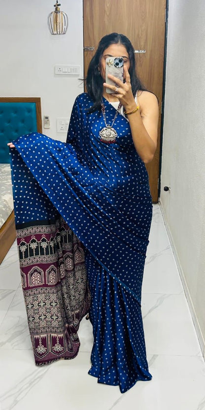 VF Semi Gajji Silk Bandhej Saree with Ajrakh Print – Traditional Soft Drape Elegance | C-1103A