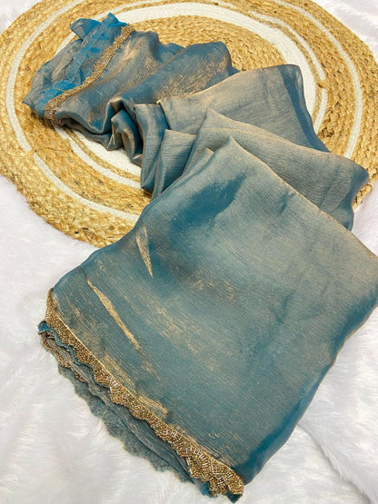 Fandy Elegance – Premium Silk Saree with Handwork Lace