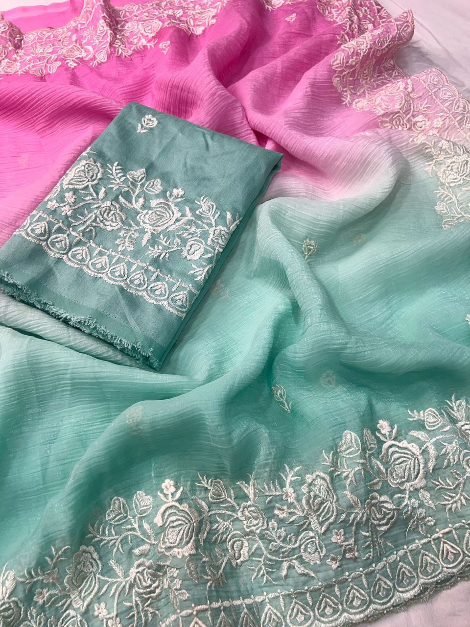 Premium Double Shade Chiffon Crush Saree with Embroidered Butti & Designer Border | The Sareen