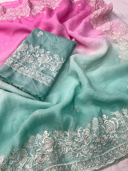 Premium Double Shade Chiffon Crush Saree with Embroidered Butti & Designer Border | The Sareen
