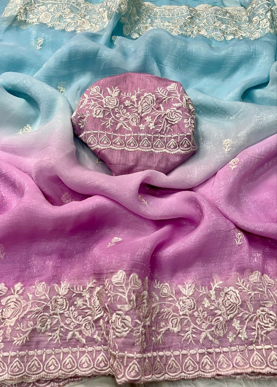 Premium Double Shade Chiffon Crush Saree with Embroidered Butti & Designer Border | The Sareen