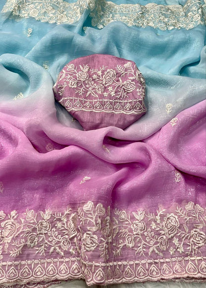 Premium Double Shade Chiffon Crush Saree with Embroidered Butti & Designer Border | The Sareen