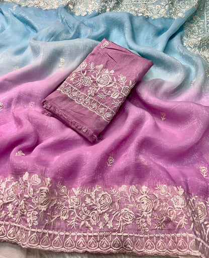 Premium Double Shade Chiffon Crush Saree with Embroidered Butti & Designer Border | The Sareen