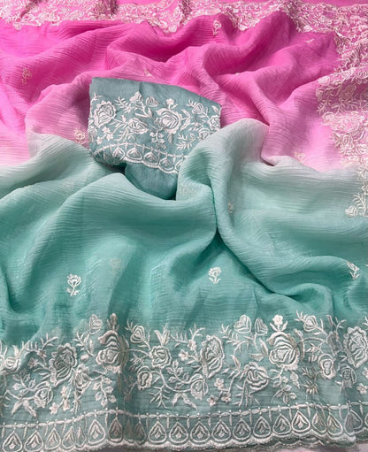 Premium Double Shade Chiffon Crush Saree with Embroidered Butti & Designer Border | The Sareen
