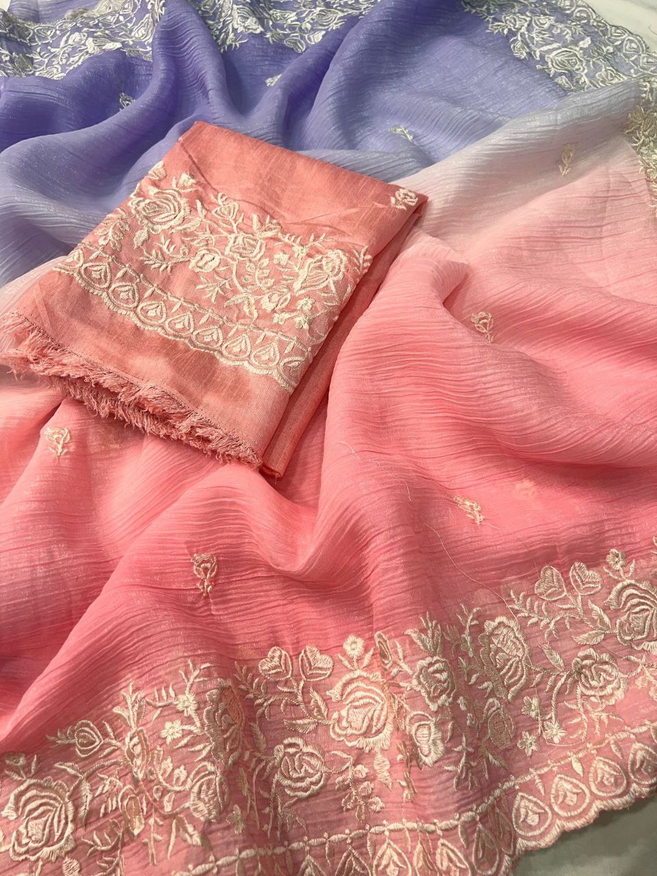 Premium Double Shade Chiffon Crush Saree with Embroidered Butti & Designer Border | The Sareen