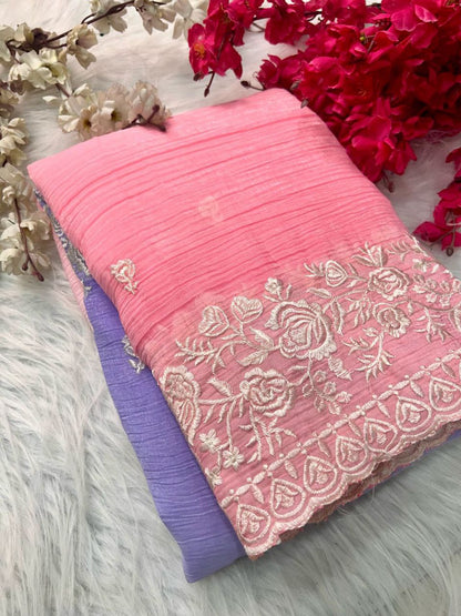 Premium Double Shade Chiffon Crush Saree with Embroidered Butti & Designer Border | The Sareen