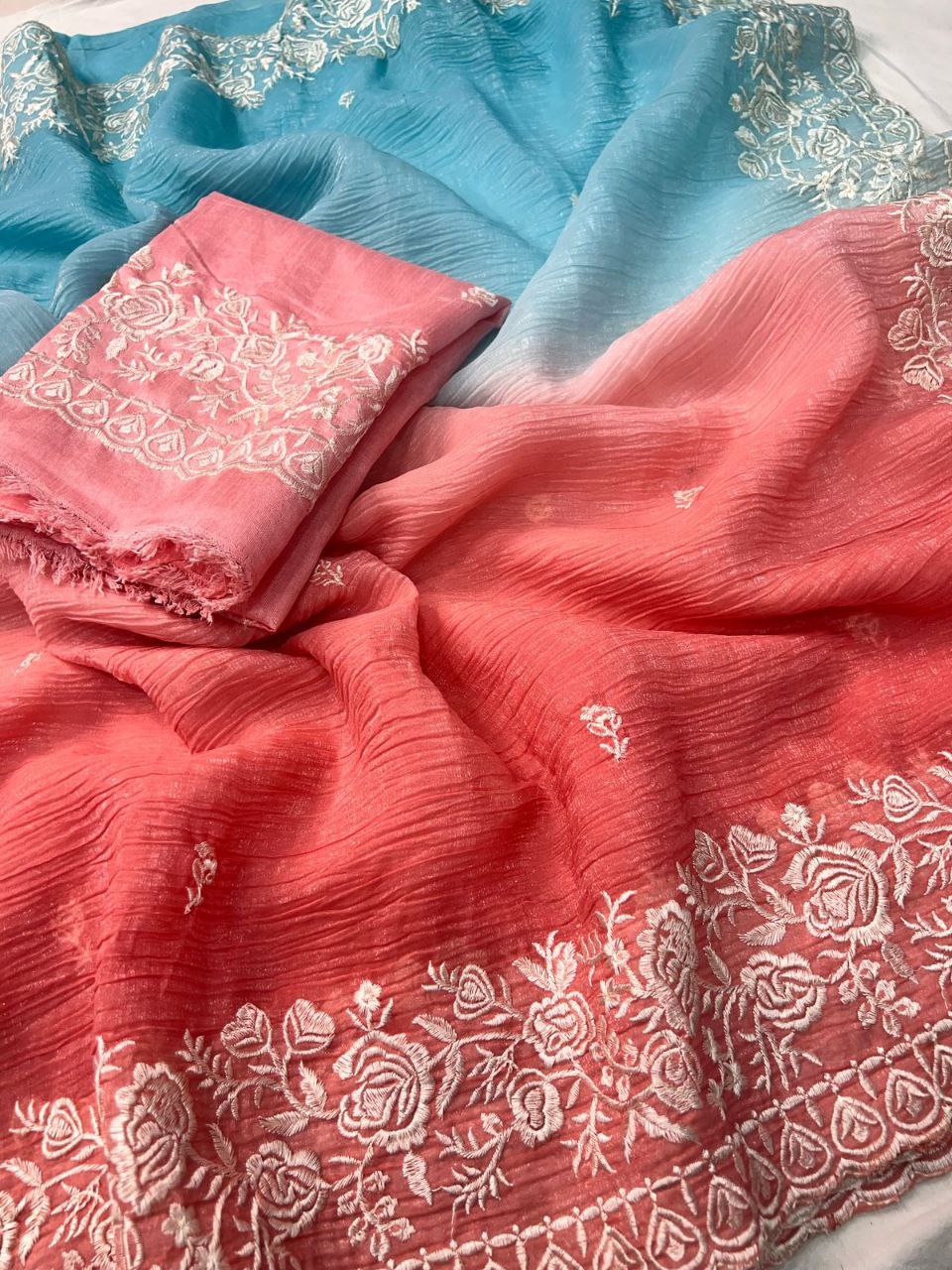 Premium Double Shade Chiffon Crush Saree with Embroidered Butti & Designer Border | The Sareen