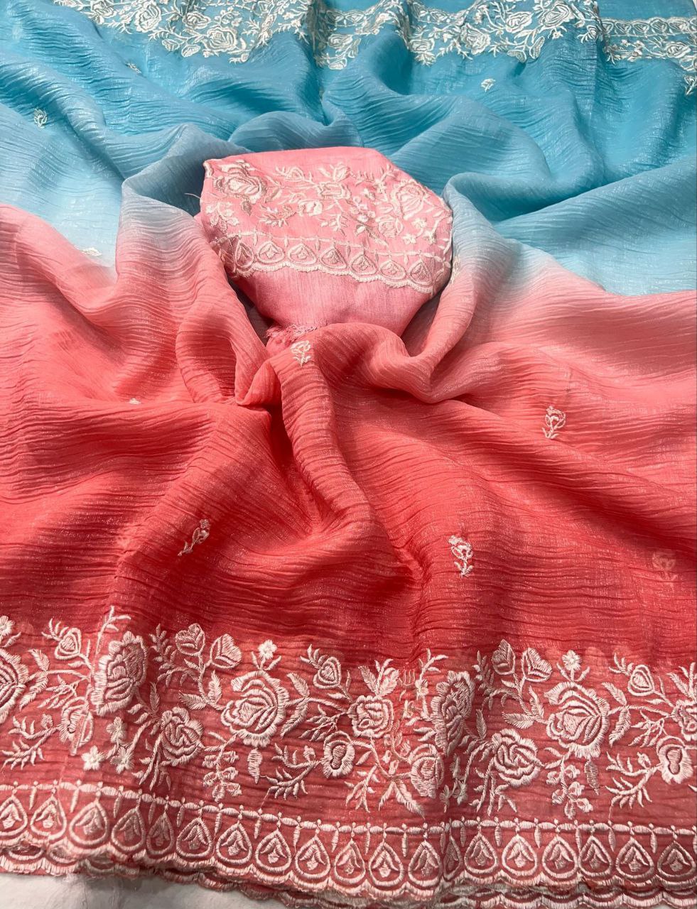 Premium Double Shade Chiffon Crush Saree with Embroidered Butti & Designer Border | The Sareen