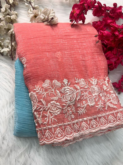 Premium Double Shade Chiffon Crush Saree with Embroidered Butti & Designer Border | The Sareen