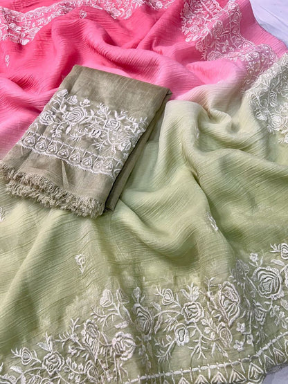 Premium Double Shade Chiffon Crush Saree with Embroidered Butti & Designer Border | The Sareen