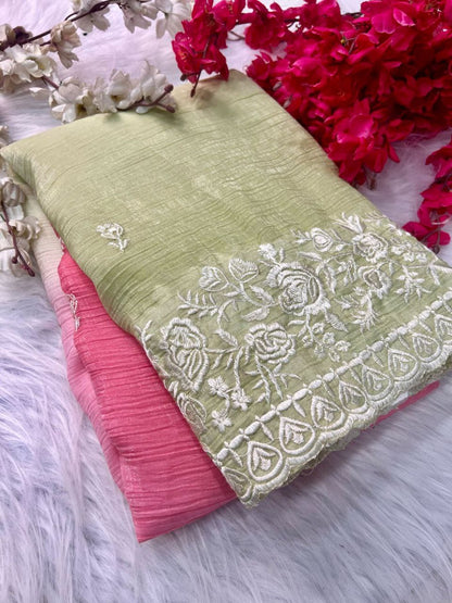 Premium Double Shade Chiffon Crush Saree with Embroidered Butti & Designer Border | The Sareen