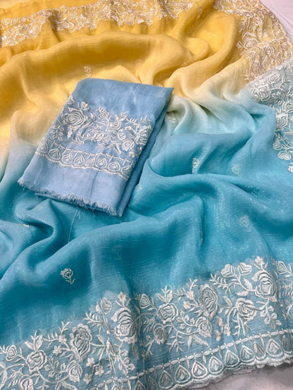 Premium Double Shade Chiffon Crush Saree with Embroidered Butti & Designer Border | The Sareen
