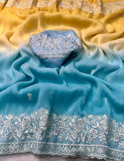 Premium Double Shade Chiffon Crush Saree with Embroidered Butti & Designer Border | The Sareen