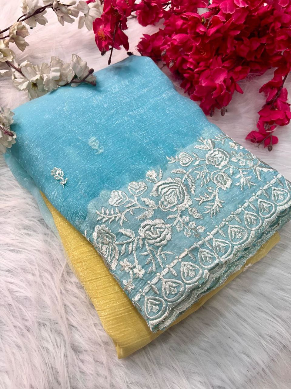 Premium Double Shade Chiffon Crush Saree with Embroidered Butti & Designer Border | The Sareen