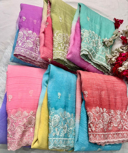 Premium Double Shade Chiffon Crush Saree with Embroidered Butti & Designer Border | The Sareen