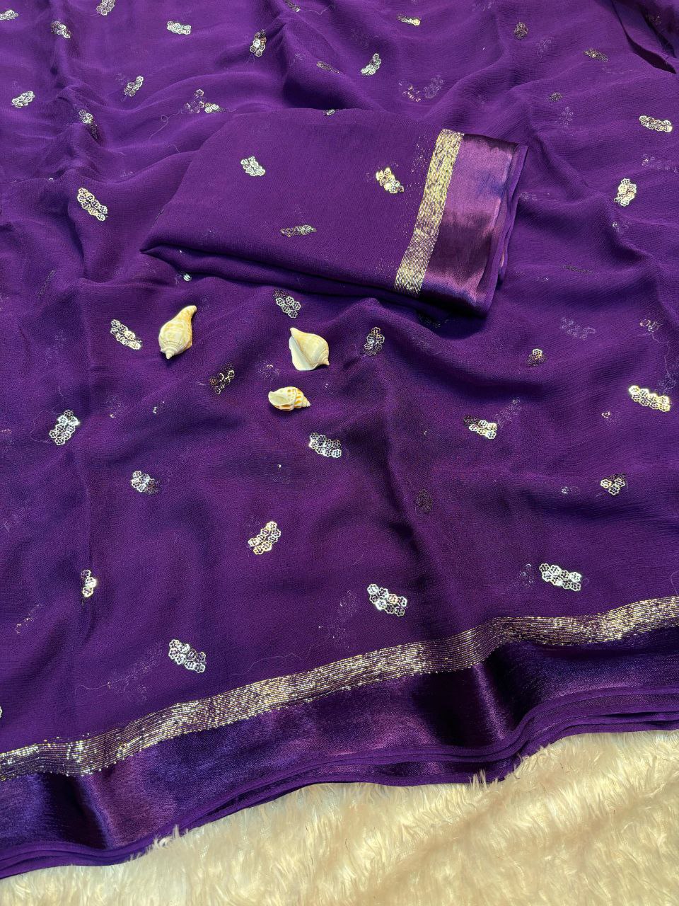 Viscose Georgette Saree with Satin Border & Heart Sequin Embroidery | The Sareen