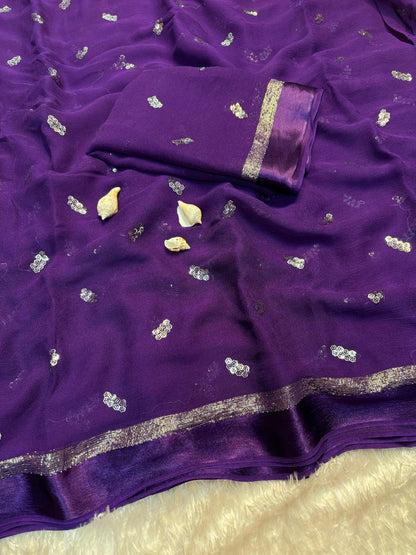 Viscose Georgette Saree with Satin Border & Heart Sequin Embroidery | The Sareen