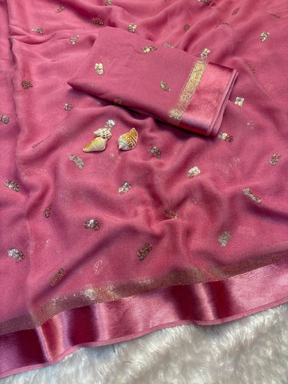 Viscose Georgette Saree with Satin Border & Heart Sequin Embroidery | The Sareen
