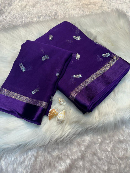 Viscose Georgette Saree with Satin Border & Heart Sequin Embroidery | The Sareen