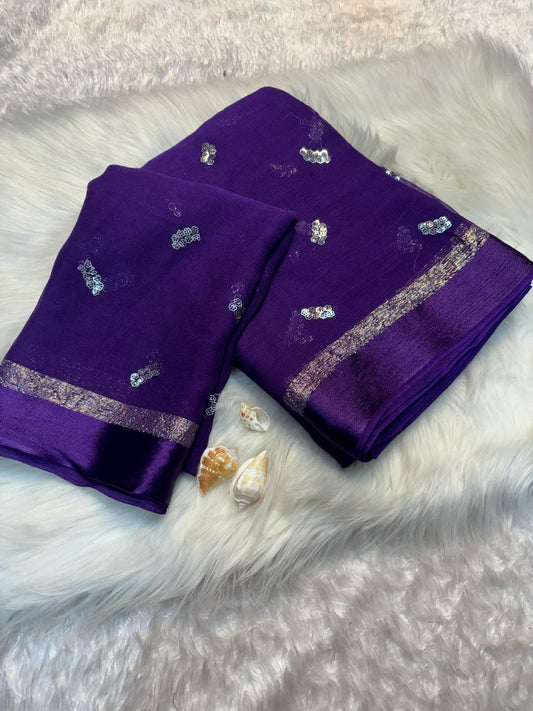 Viscose Georgette Saree with Satin Border & Heart Sequin Embroidery | The Sareen