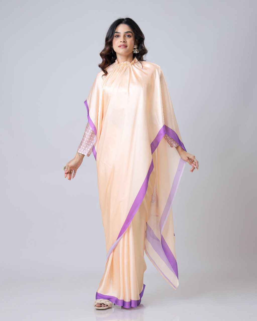 Premium Satin Silk Saree with Digital Print & Fancy Neck Style | The Sareen